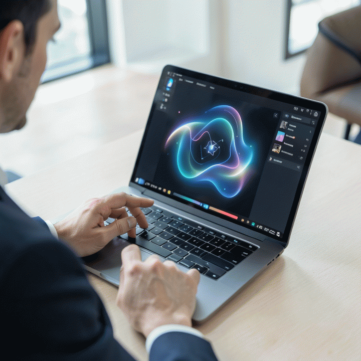 Penggunaan alat AI di laptop untuk menghasilkan foto profil profesional tanpa harus ke studio.