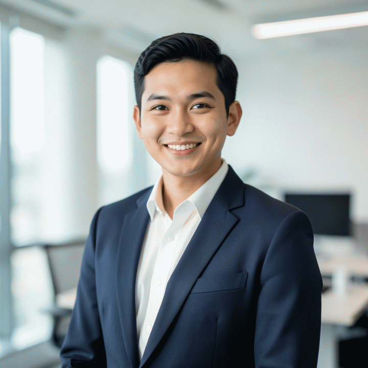 Foto profil profesional sinematik dari seorang profesional muda Indonesia di latar kantor minimalis yang terang, menampilkan kesan percaya diri dan siap kerja.