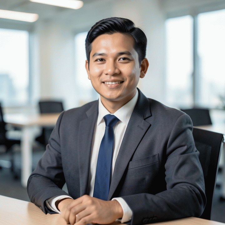 Foto profil profesional sinematik seorang profesional muda Indonesia dengan pakaian bisnis formal, berpose percaya diri di lingkungan kantor modern yang bercahaya.