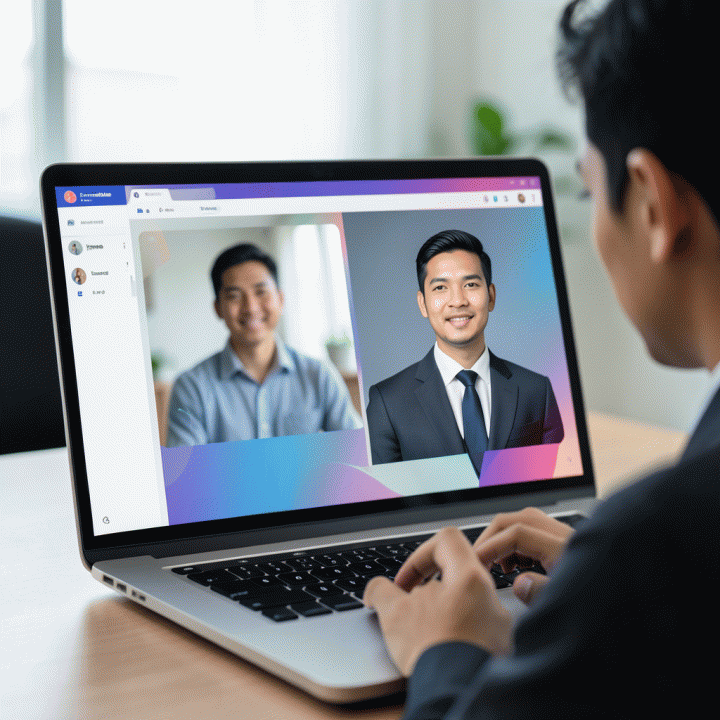 Demonstrasi konseptual antarmuka AI pada laptop yang memperlihatkan transformasi foto selfie biasa menjadi foto profil profesional berkualitas tinggi.