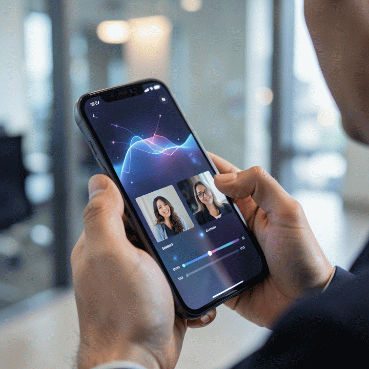 Penggunaan aplikasi AI di ponsel pintar untuk meningkatkan foto profil menjadi versi profesional. Fokus pada antarmuka yang abstrak dan mudah digunakan.