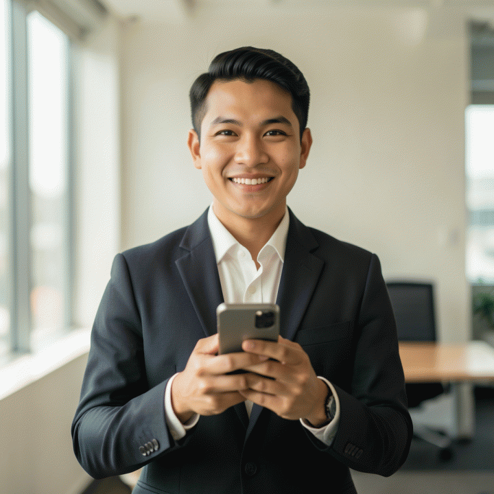 Foto profil profesional yang dihasilkan AI: Seorang profesional muda Indonesia dengan pakaian formal modern, berpose percaya diri di latar belakang kantor minimalis yang cerah dan modern.