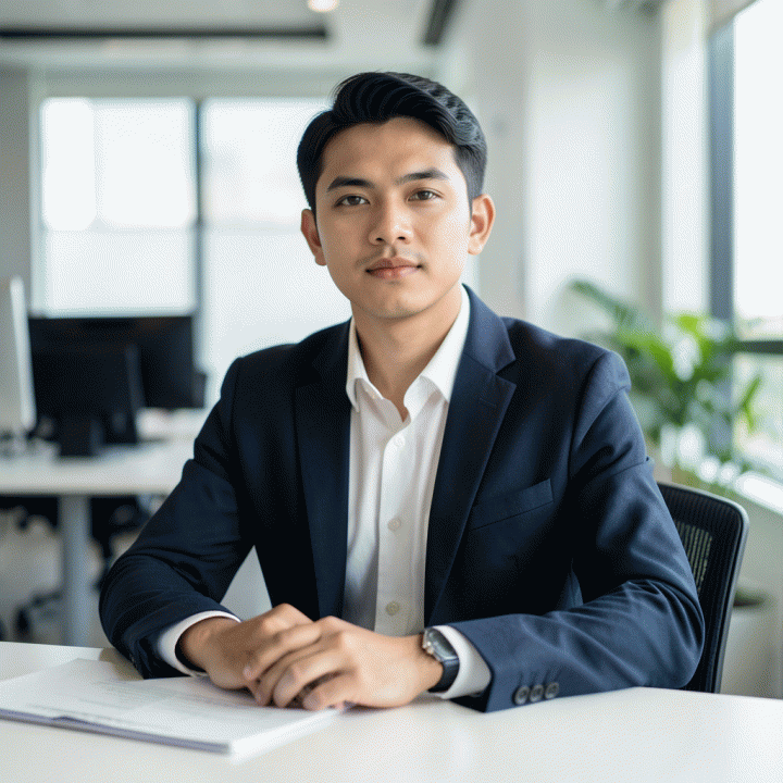Foto profil profesional seorang profesional muda Indonesia yang berpenampilan rapi dan percaya diri di lingkungan kerja modern.
