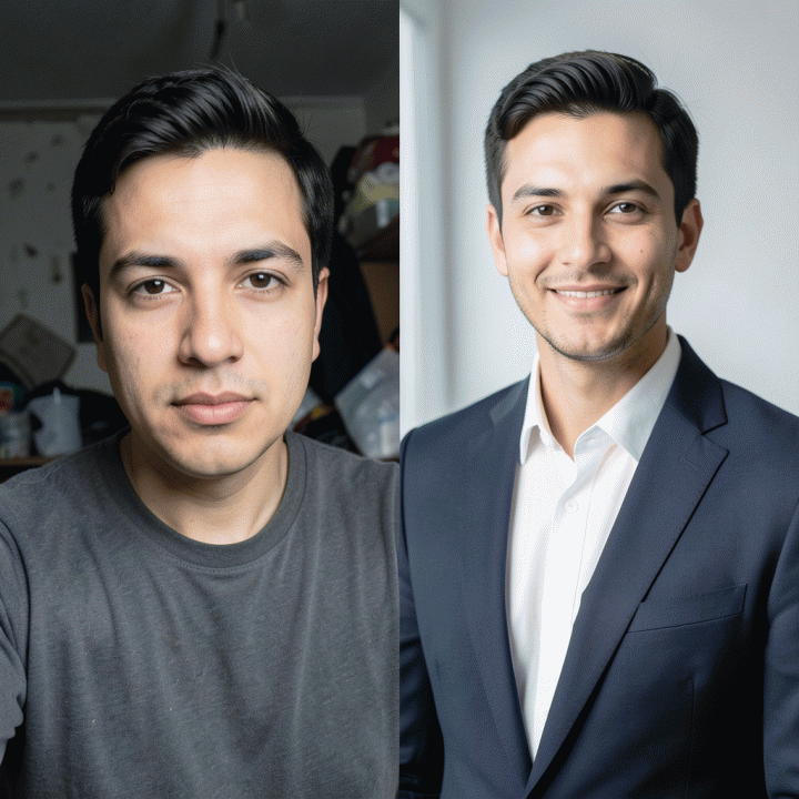 Perbandingan foto selfie kasual versus foto profil profesional yang ideal untuk CV.