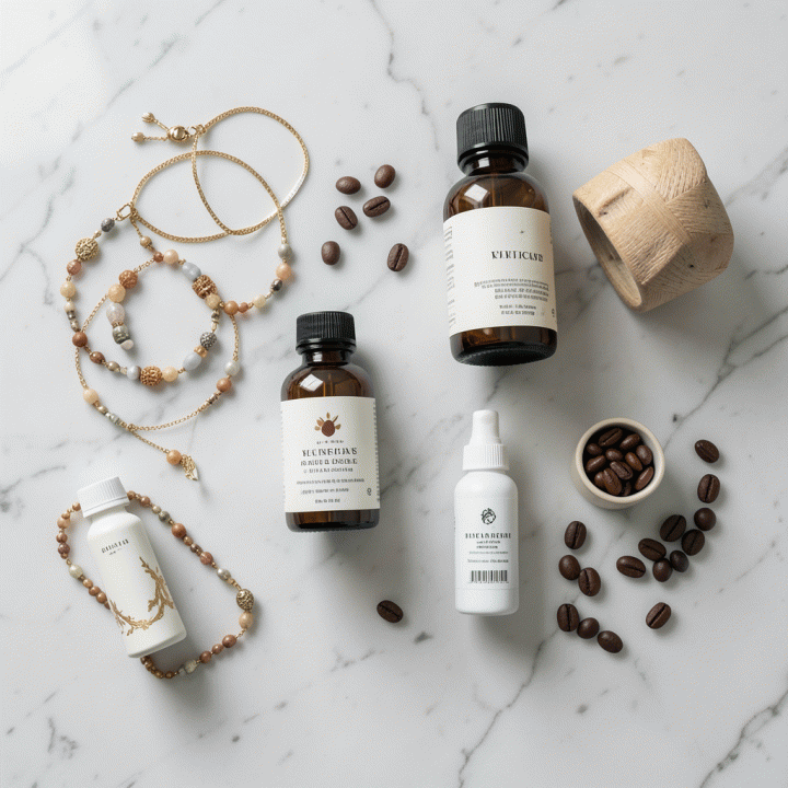 Flat lay fotografi produk e-commerce yang profesional dan menarik, menampilkan berbagai item merchandise di atas permukaan marmer putih bersih dengan pencahayaan alami yang lembut.