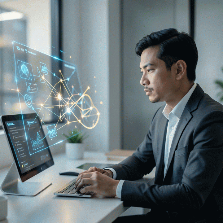 Seorang founder startup Indonesia yang fokus berinteraksi dengan antarmuka holografik AI yang menampilkan transformasi ide mentah menjadi model bisnis digital yang terstruktur.