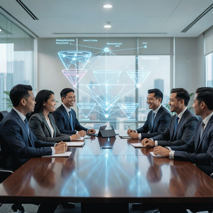 Rapat bisnis profesional di mana sekelompok manajer pemasaran berdiskusi di sekitar visualisasi data holografik yang kompleks, menunjukkan alokasi anggaran pemasaran yang optimal dan berbasis data.