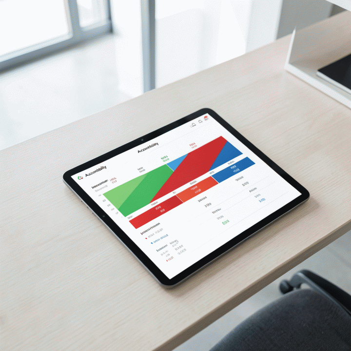 Tampilan meja eksekutif modern dengan tablet yang menampilkan dashboard visualisasi data performa pemasaran untuk pelaporan akuntabilitas tingkat tinggi.
