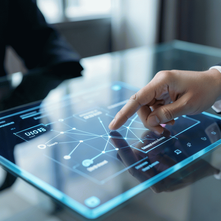 Tangan seorang profesional yang berinteraksi dengan layar sentuh futuristik yang menampilkan visualisasi abstrak bauran media iklan dan alokasi anggaran yang optimal.
