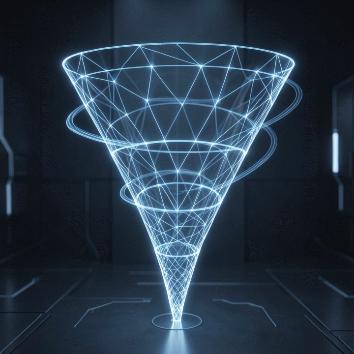 Ilustrasi digital 3D yang menampilkan funnel pemasaran yang terbagi menjadi tiga tahap (kesadaran, pertimbangan, konversi) untuk menunjukkan alokasi anggaran yang optimal.