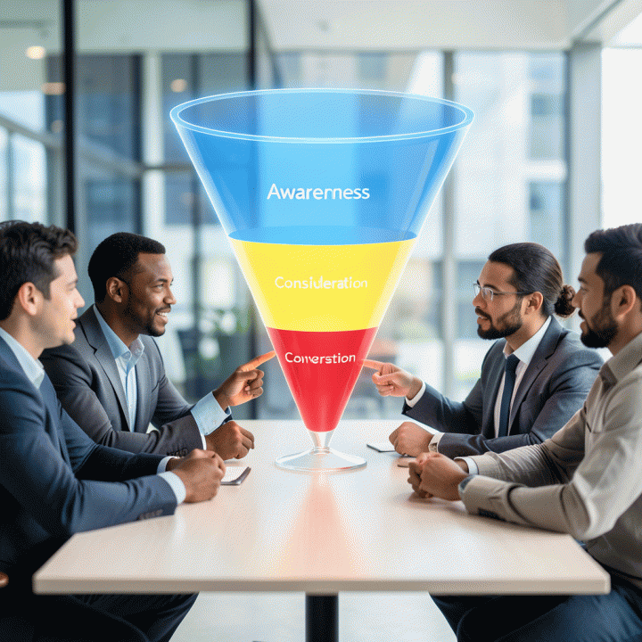 Grup profesional berdiskusi di sekitar visualisasi funnel media planning holografik yang menunjukkan alokasi anggaran dari kesadaran hingga konversi.