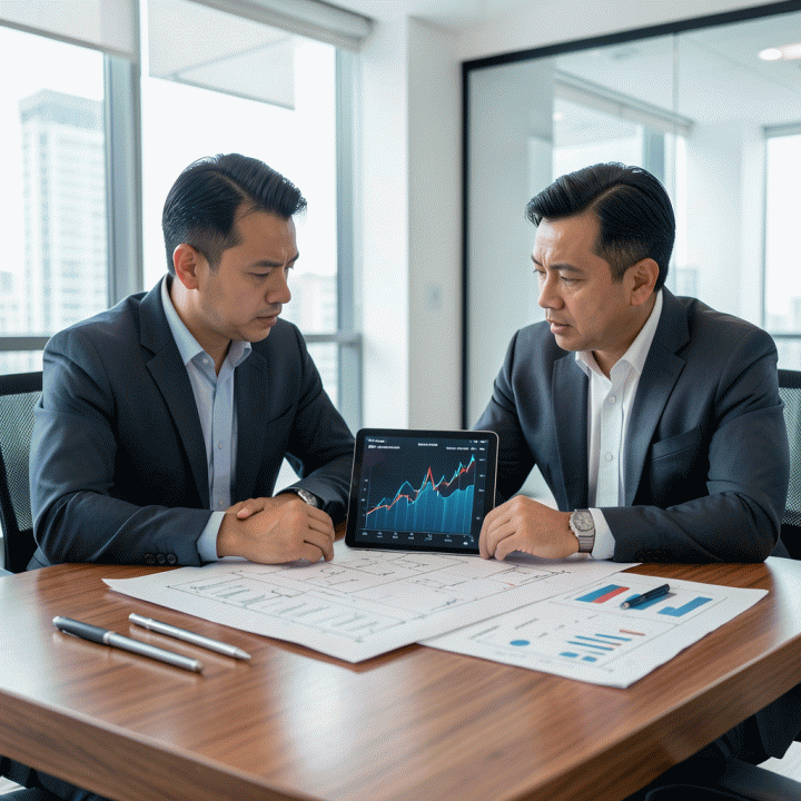 Arsitek dan manajer proyek sedang berdiskusi di atas meja modern mengenai rencana anggaran biaya konstruksi (RAB) yang akurat menggunakan tablet digital, melambangkan perencanaan keuangan proyek yang detail dan profesional.