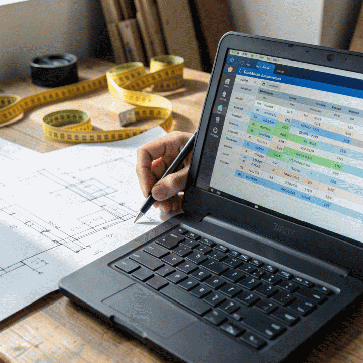 Tangan yang sedang menandai cetak biru bangunan dengan berkas anggaran biaya di atas laptop, menekankan pentingnya membandingkan desain fisik dengan data finansial.