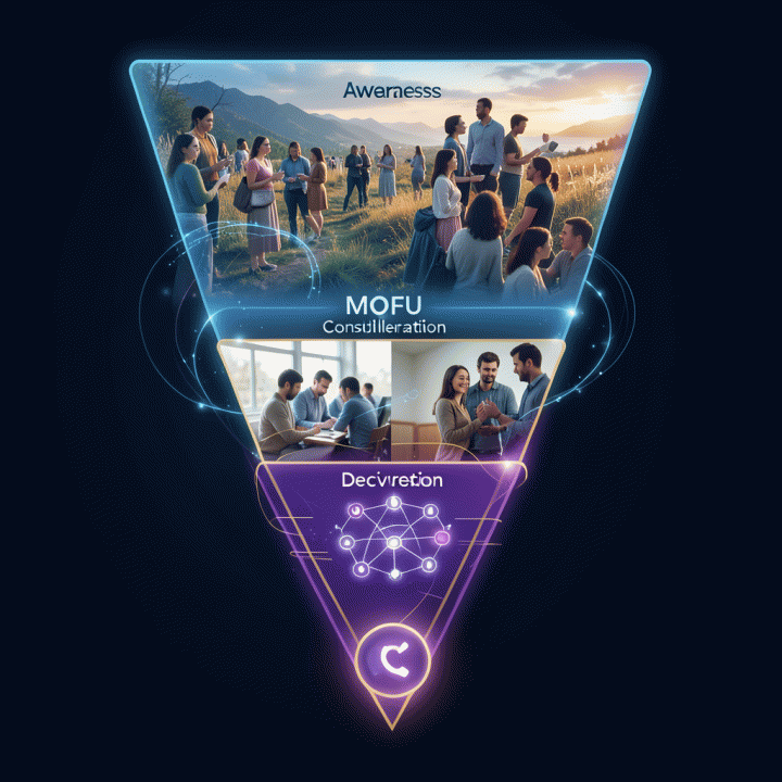 Visualisasi sinematik dan fotorealistik dari funnel konten AI yang terstruktur, menggambarkan perjalanan pemasaran dari tahap TOFU ke BOFU, yang dihiasi aliran data bercahaya.