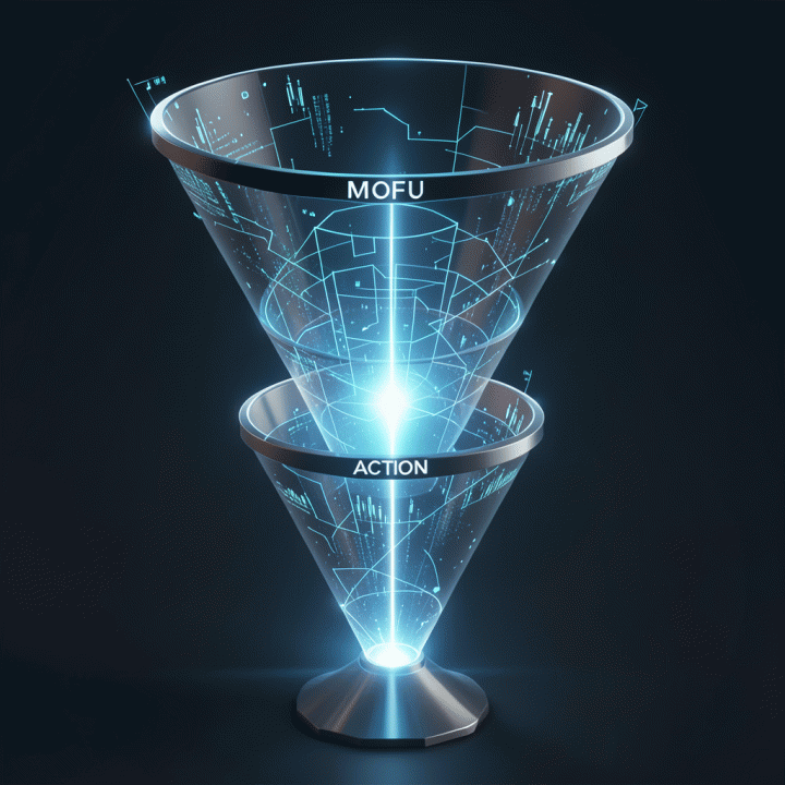 Ilustrasi konseptual funnel konten AI yang terbagi dalam tiga tahap (TOFU, MOFU, BOFU) dengan aliran data bercahaya yang mengarah pada konversi.