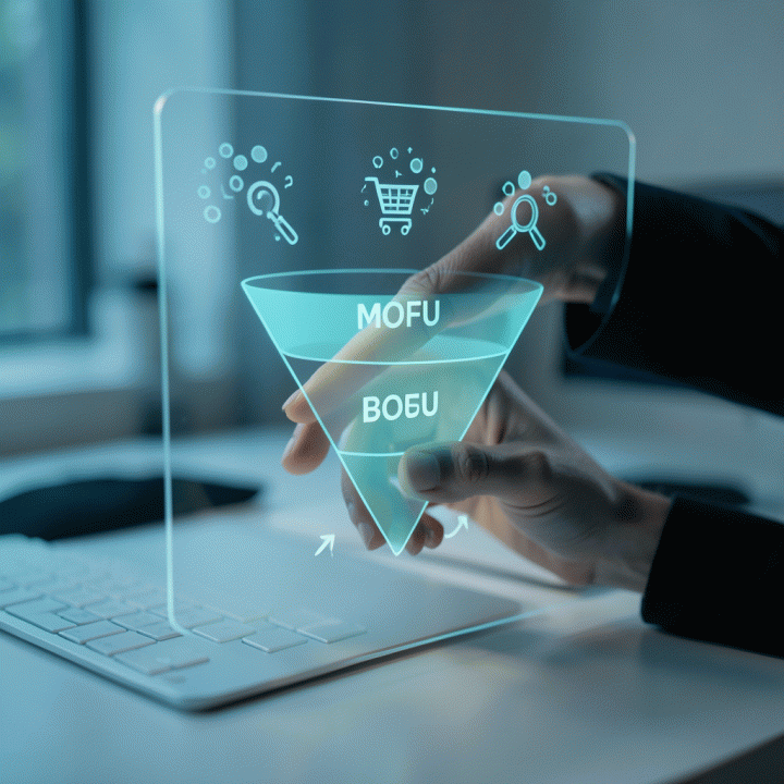 Interaksi tangan dengan antarmuka holografik yang menunjukkan tahapan funnel konten marketing AI.