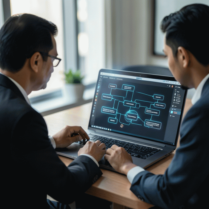Visualisasi proses mengubah data persona menjadi strategi konten terstruktur menggunakan AI.
