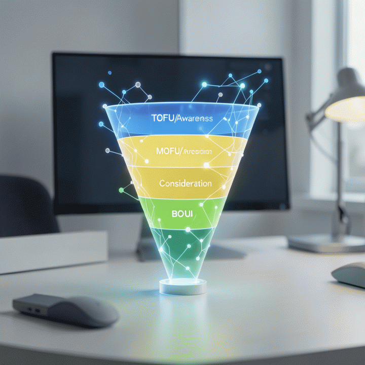 Visualisasi funnel konten digital yang bergradasi tiga tahap (TOFU, MOFU, BOFU) dengan elemen AI futuristik, melambangkan perjalanan konten persuasif dari kesadaran hingga keputusan pembelian.