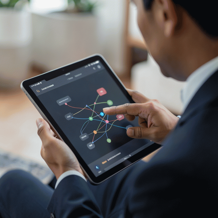 Profesional Indonesia menggunakan tablet untuk memetakan atau menganalisis funnel konten, menunjukkan alur data yang terstruktur.