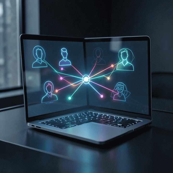 Visualisasi AI yang menghubungkan profil persona pelanggan dengan ide-ide konten yang terstruktur, menggambarkan proses scripting strategis.