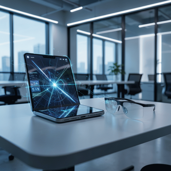 Visualisasi futuristik dan sinematik dari perangkat teknologi masa depan seperti smartphone lipat dan kacamata AI, yang menunjukkan integrasi kecerdasan buatan dalam alur kerja profesional.