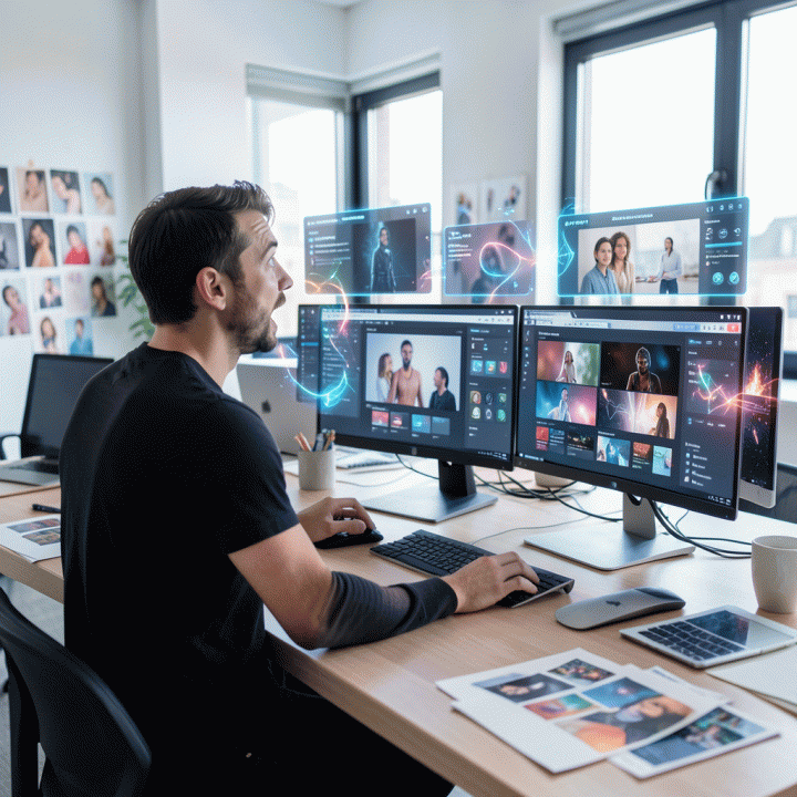 Seorang content creator yang sangat produktif di studio modern, dikelilingi oleh berbagai visual iklan digital yang konsisten dan indah, dihasilkan secara mudah menggunakan teknologi AI.