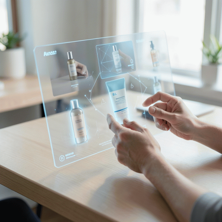 Tangan yang sedang berinteraksi dengan antarmuka AI holografik yang menampilkan berbagai variasi visual produk dengan konsistensi sempurna.