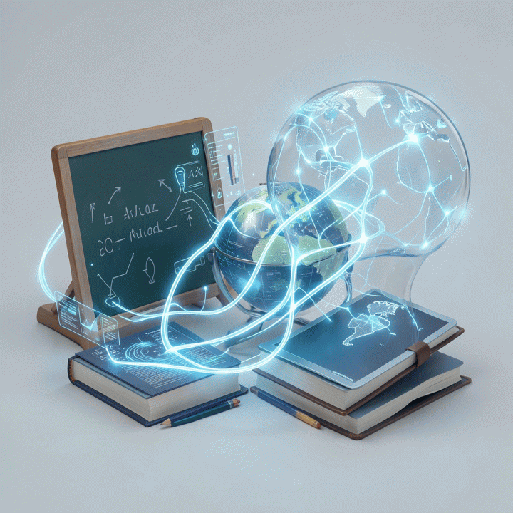 Visualisasi konseptual transisi pendidikan dari metode tradisional ke era digital dengan bantuan kecerdasan buatan.