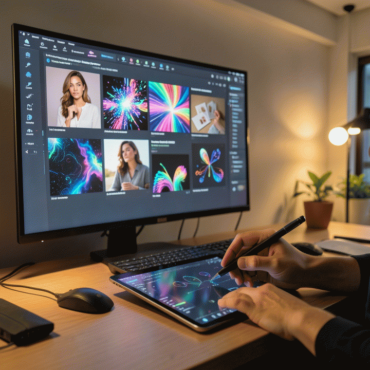 Ilustrasi modern dan fotorealistik yang menunjukkan seorang profesional pemasaran di Indonesia menggunakan alat AI generatif canggih untuk menghasilkan berbagai aset visual konten iklan secara cepat dari prompt teks.