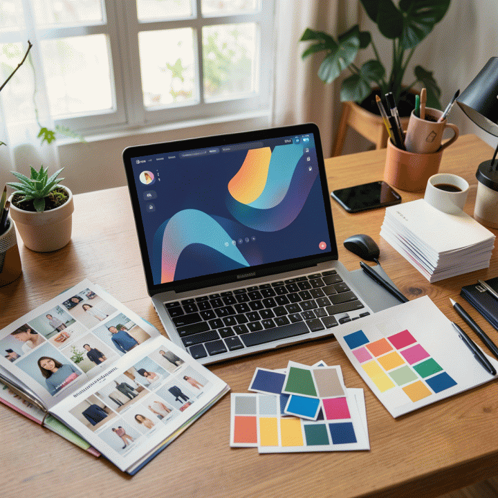 Flat lay meja kerja seorang konten kreator di Indonesia dengan berbagai alat bantu dan aset visual yang dihasilkan oleh bantuan AI generatif.