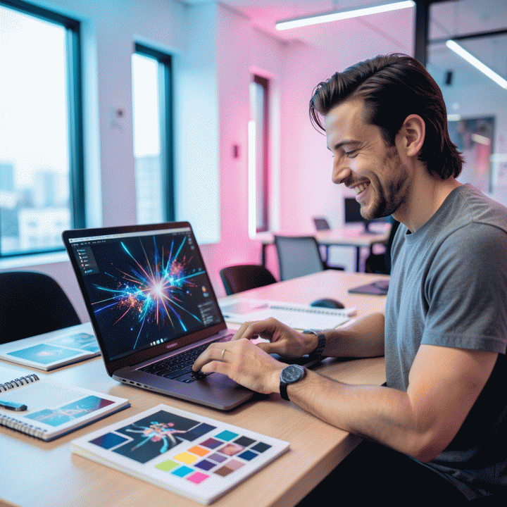 Content creator yang menggunakan AI di laptopnya untuk menghasilkan aset visual pemasaran yang menarik dalam suasana studio modern.