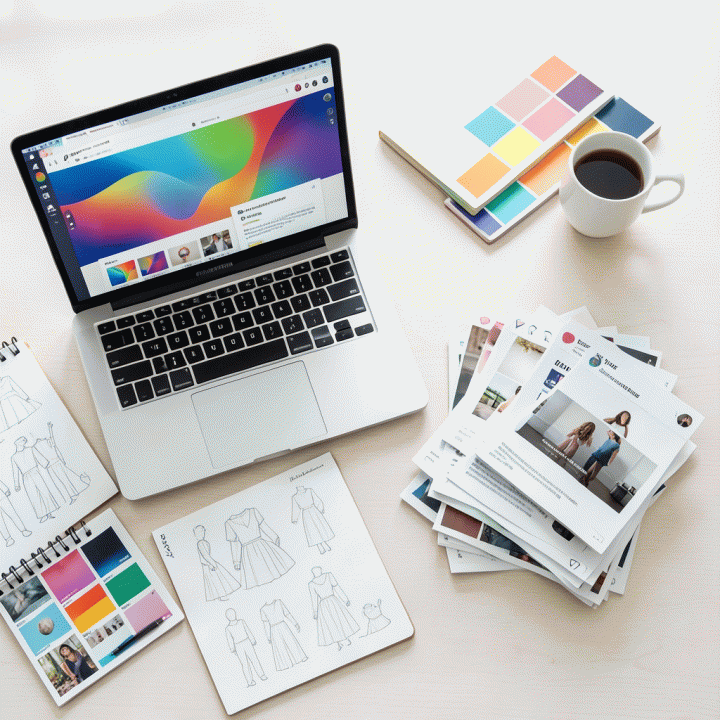 Tampilan atas meja kerja yang menunjukkan proses kreasi konten pemasaran: mulai dari ide (mood board) hingga aset digital siap pakai yang dihasilkan AI.