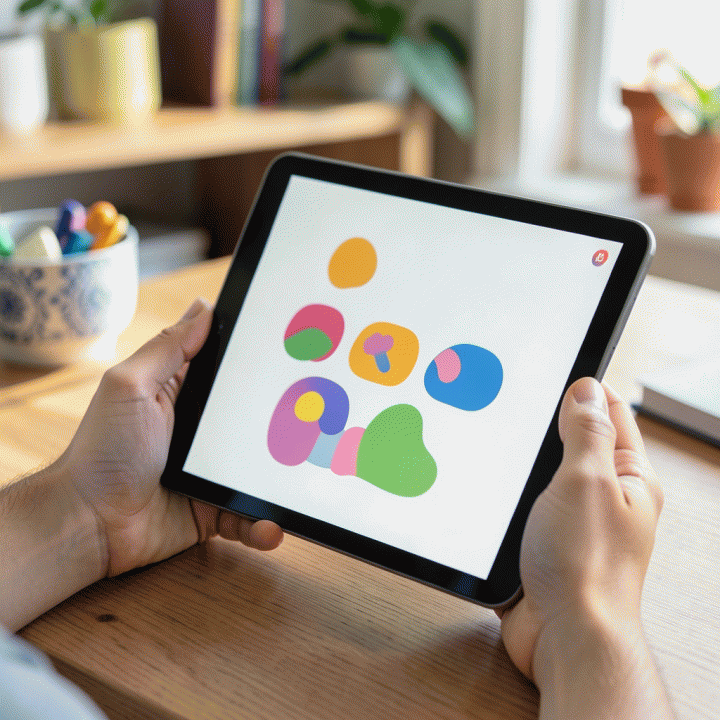 Tangan guru menggunakan tablet AI untuk membuat modul pelajaran anak yang menarik dan terstruktur.
