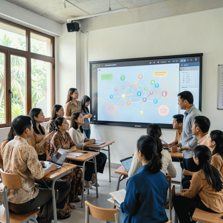 Guru dan orang tua Indonesia berinteraksi dengan teknologi AI canggih di kelas modern, menunjukkan proses pembelajaran yang efisien dan interaktif.