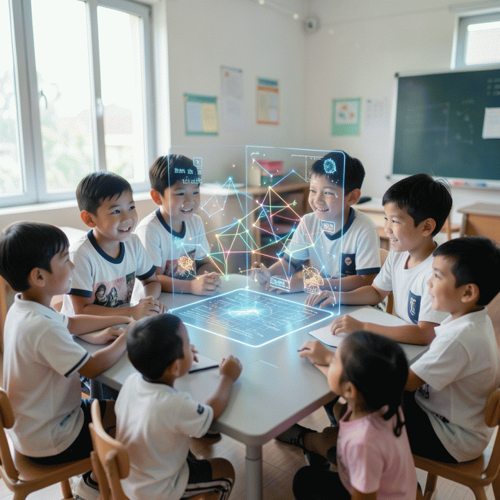 Kelas modern dengan anak-anak Indonesia berinteraksi dengan antarmuka holografik AI yang menampilkan materi pembelajaran yang dipersonalisasi.