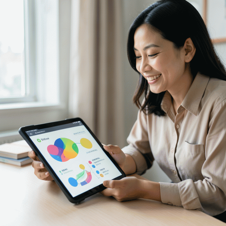 Guru Indonesia menggunakan tablet AI untuk menganalisis dan merencanakan materi pembelajaran yang dipersonalisasi.