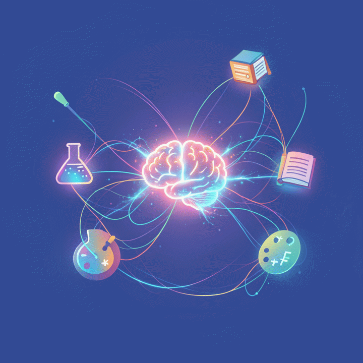 Visualisasi konseptual AI generatif yang menghubungkan dan menyusun materi pembelajaran yang dipersonalisasi.