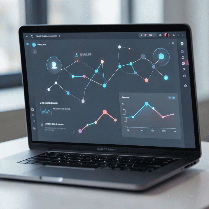 Tampilan abstrak dashboard AI yang menunjukkan visualisasi data dan tren pertumbuhan untuk optimasi konten digital.