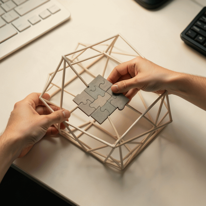 Tangan yang menyusun puzzle ide menjadi struktur yang teroptimasi, melambangkan proses Generative Engine Optimization.