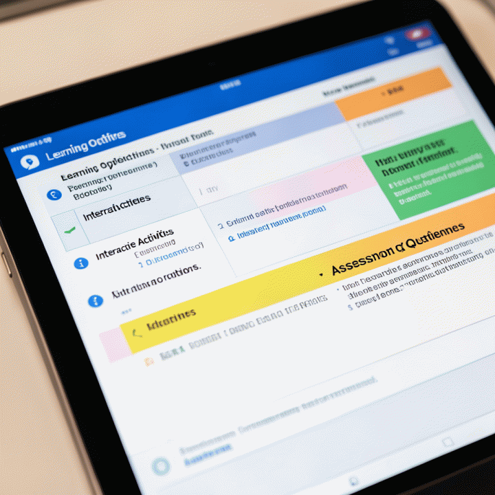 Tampilan layar tablet yang menampilkan templat rencana pelajaran terstruktur yang dihasilkan oleh AI, menunjukkan bagian untuk tujuan pembelajaran, aktivitas interaktif, dan pertanyaan penilaian.