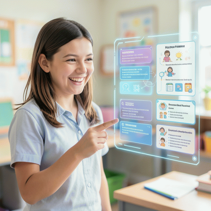 Seorang guru sekolah dasar yang ceria berinteraksi dengan antarmuka holografik futuristik yang menampilkan rencana pelajaran, aktivitas interaktif, dan materi evaluasi, melambangkan efisiensi perencanaan pembelajaran bertenaga AI.