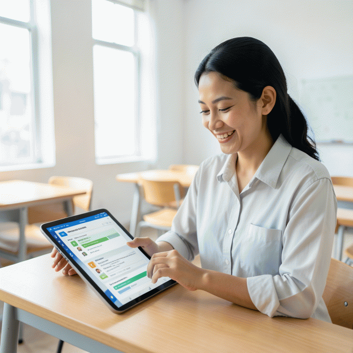 Seorang guru Indonesia yang tersenyum sedang bekerja secara efisien pada tablet modern di ruang kelas yang cerah, menampilkan rencana pelajaran digital dan lembar kerja interaktif.