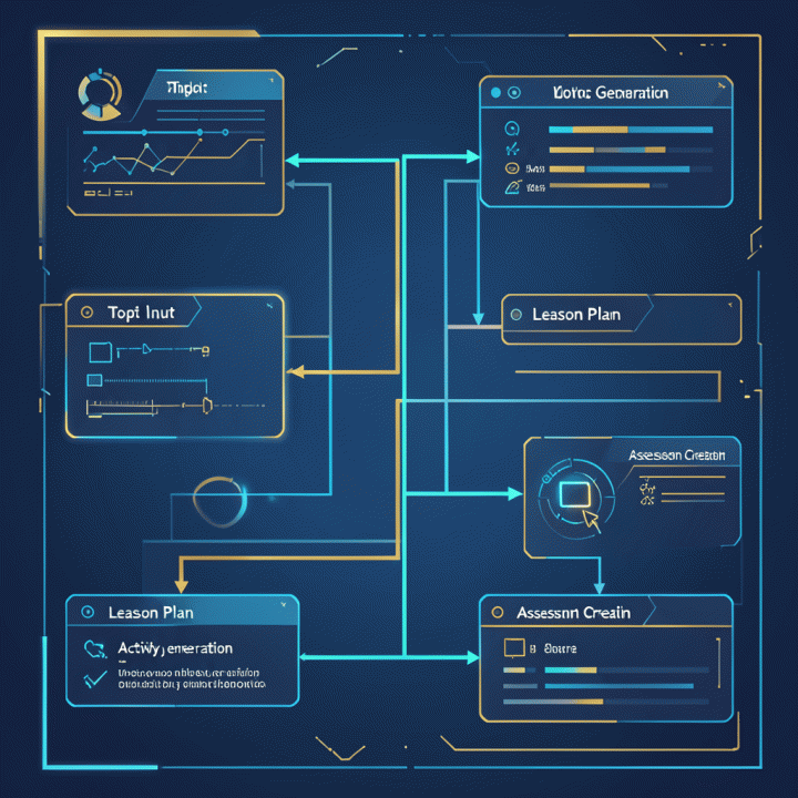 Abstract flow chart illustrating the automated process of creating educational materials using AI.
