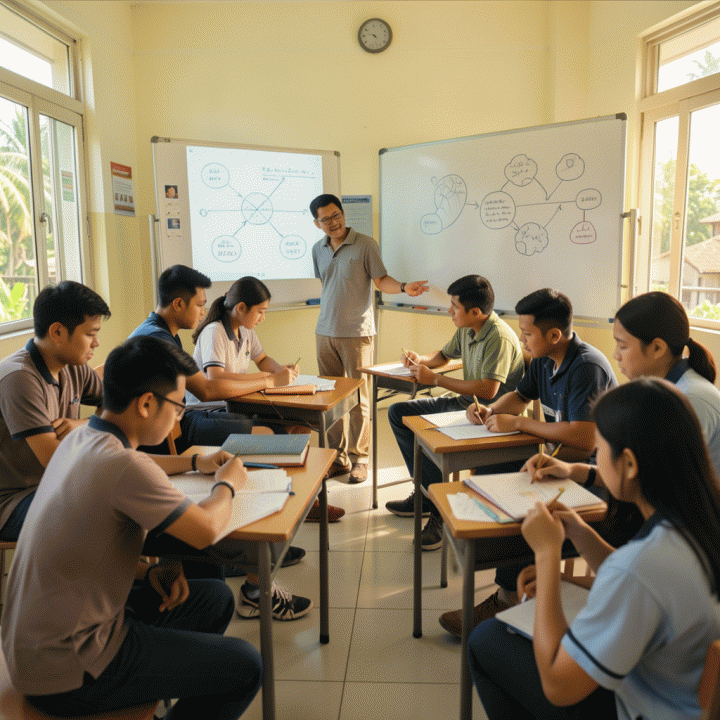 Suasana kelas SMA modern di Indonesia yang menunjukkan siswa-siswa yang sedang antusias belajar dan dipandu oleh guru, melambangkan persiapan menuju masa depan akademik yang cerah.