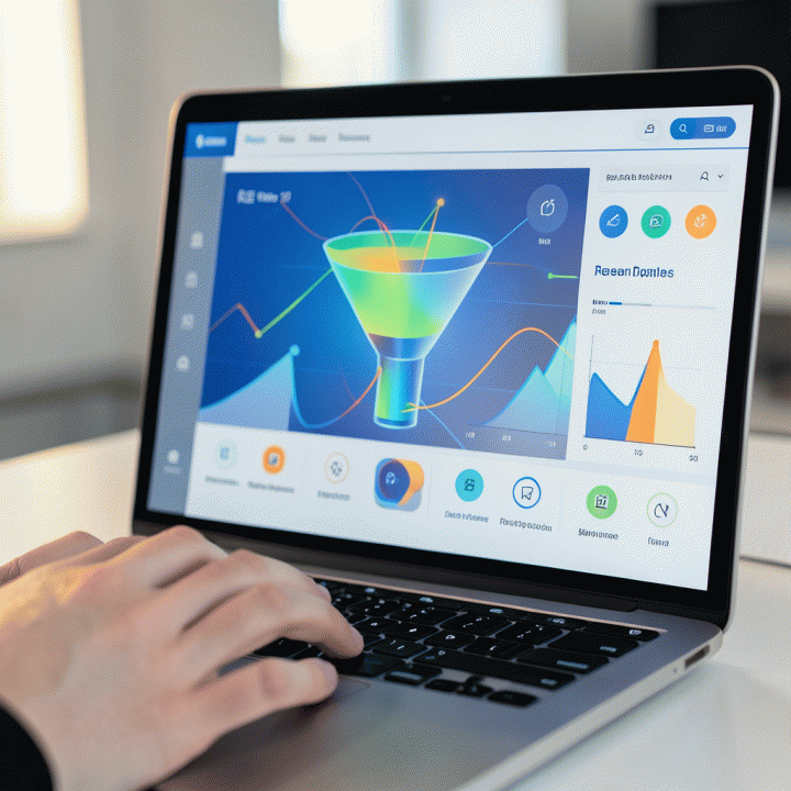 Tampilan dashboard AI abstrak di laptop yang menunjukkan visualisasi pipeline penjualan B2B yang terotomatisasi dan bertumbuh.