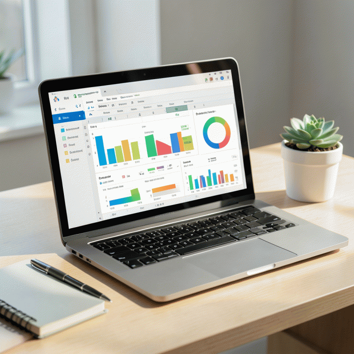 Tampilan meja kerja yang rapi dengan laptop terbuka menampilkan spreadsheet Excel profesional berisi grafik pelacak tujuan (goal tracker), menunjukkan tema produktivitas dan manajemen proyek.