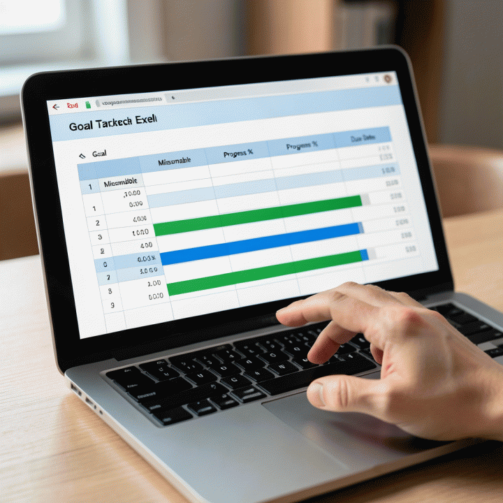 Gambar tangan yang sedang melihat dan mengoperasikan fitur progress bar otomatis di spreadsheet Excel goal tracker yang terstruktur.