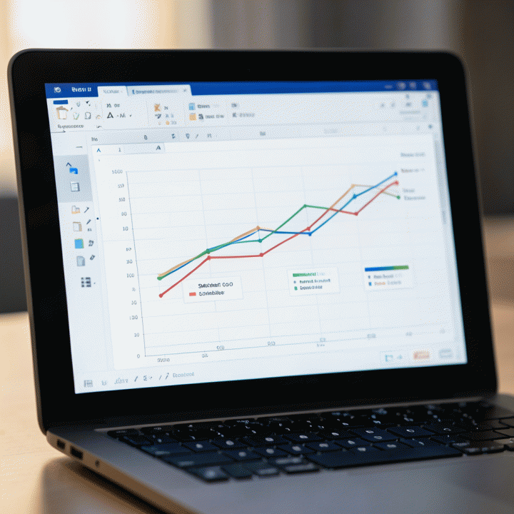 Tampilan close-up layar laptop yang menunjukkan visualisasi data progres tujuan (SMART Goals) dalam format dashboard Excel yang profesional.