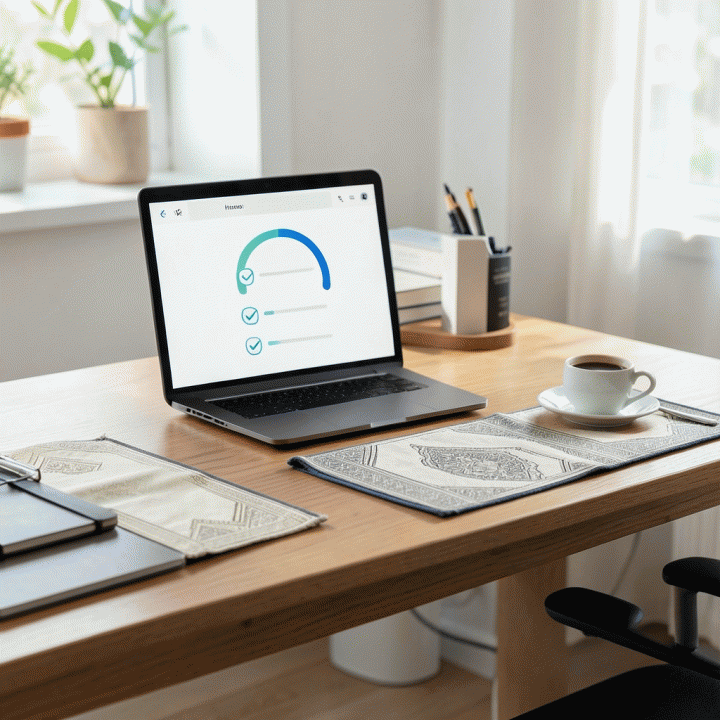 Visualisasi meja kerja modern yang rapi dengan habit tracker digital minimalis, sajadah, dan kopi, melambangkan konsistensi ibadah dan produktivitas seorang milenial.