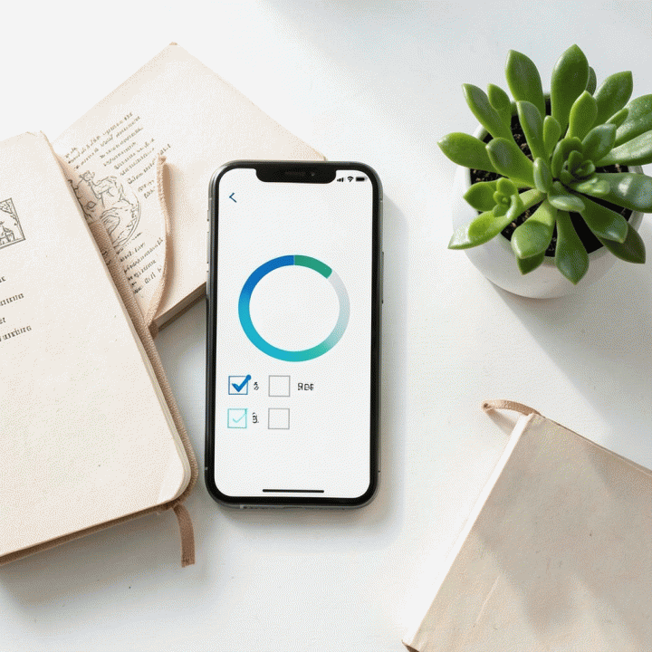 Tata letak flat lay yang rapi berisi smartphone dengan habit tracker, buku doa, dan jurnal, menunjukkan perencanaan ibadah yang terstruktur.
